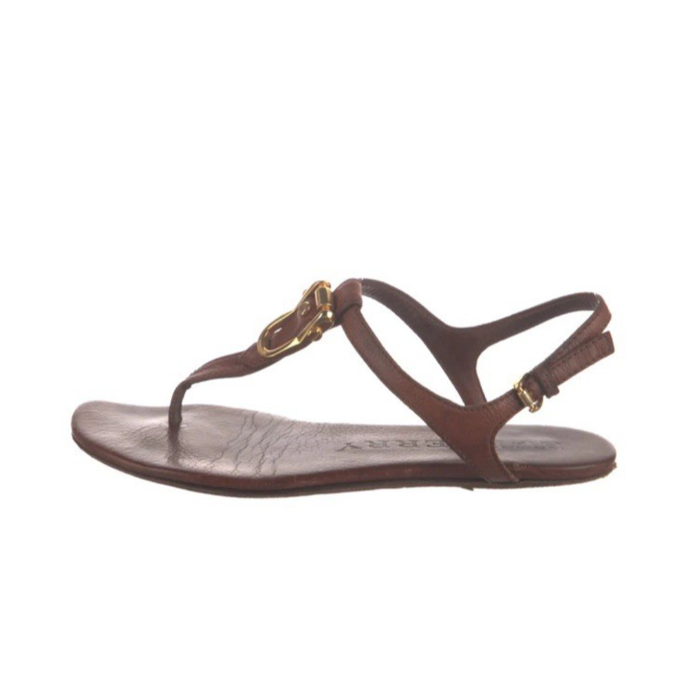 Burberry Brown Leather T Strap Thong Sandals Womens 39.5 Classic Designer Shoes